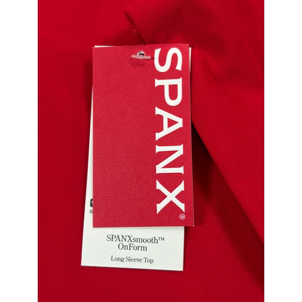 Spanx SPANXsmooth OnForm Long Sleeve Top Red Crew Neck Thumbholes Medium NEW - Picture 10 of 14